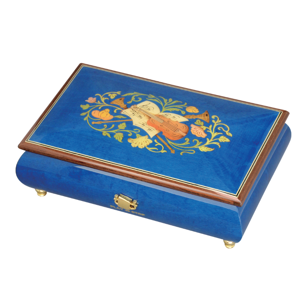 EX193I | 30-Note ORPHEUS Italian Marquetry Music Box with Storage, Blue / Violin Design