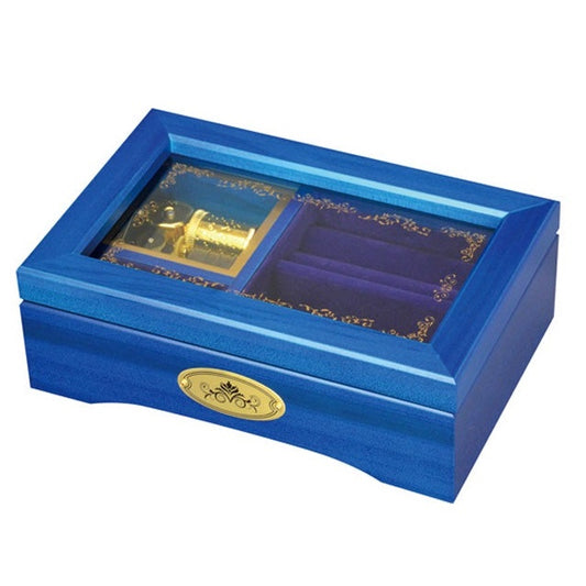 【AA302B】23弁木製ガラス窓オルゴールBOX/青