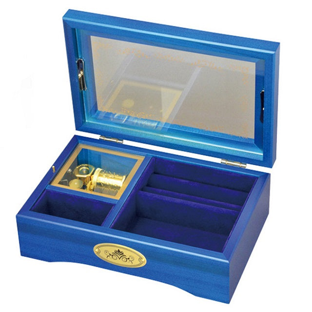 【AA302B】23弁木製ガラス窓オルゴールBOX/青