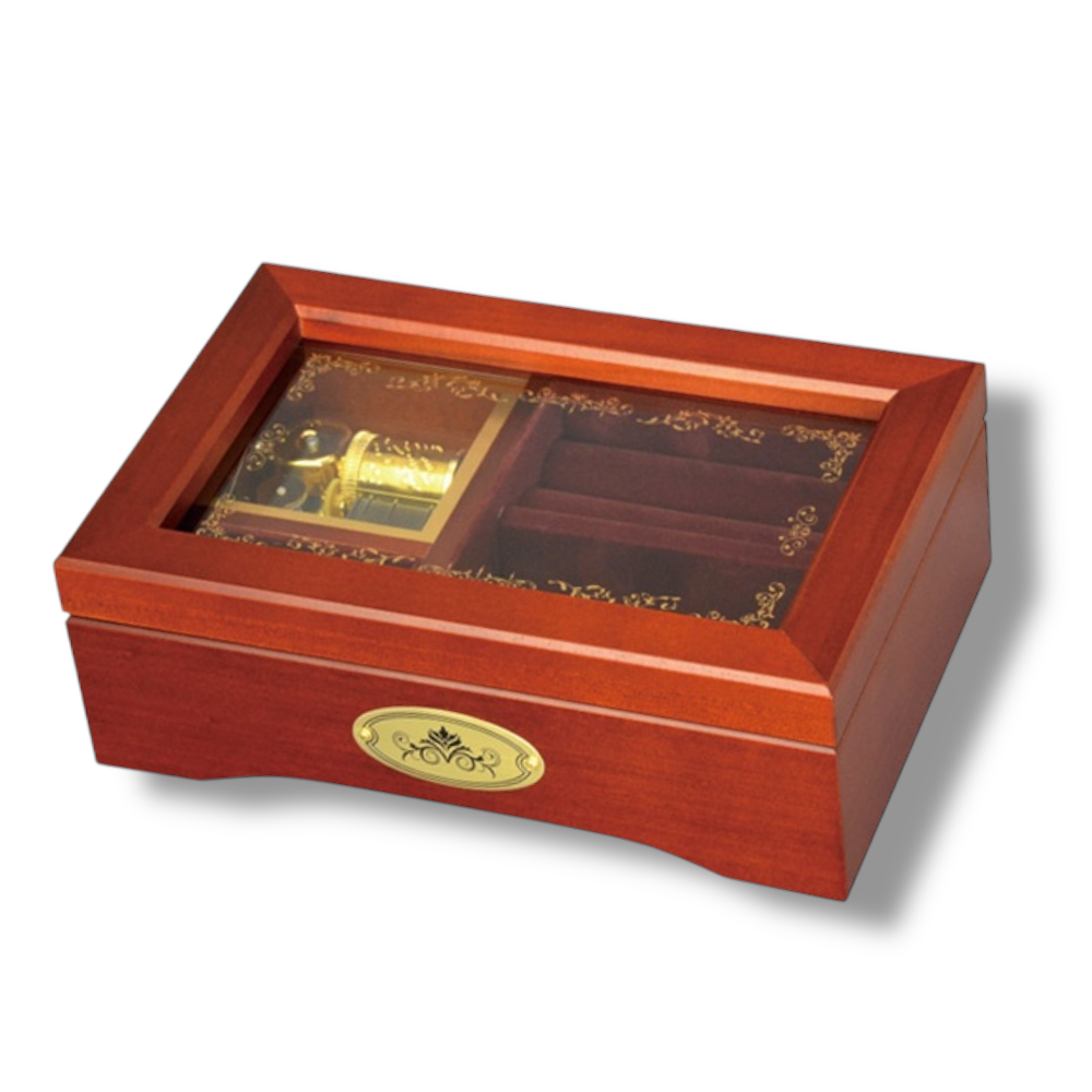 【AA302C】23弁木製ガラス窓オルゴールBOX／茶