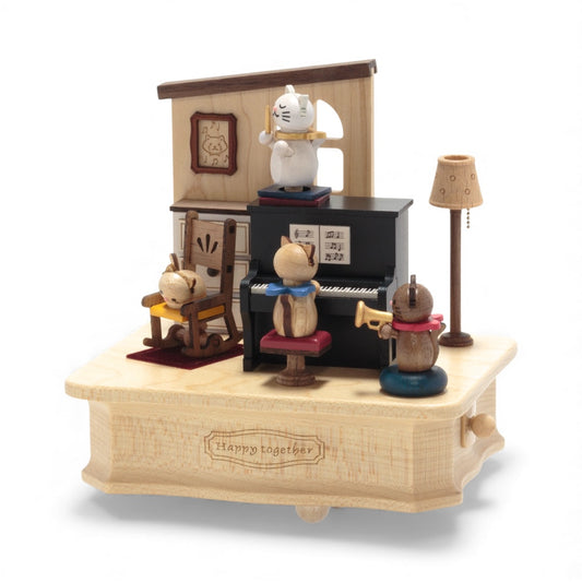 【EA163S】木製からくりオルゴール　猫のピアノ演奏会 Cat Play Piano