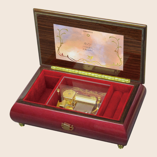 EX199I | 30-Note ORPHEUS Italian Marquetry Music Box with Storage, Wine Red / Floral Design